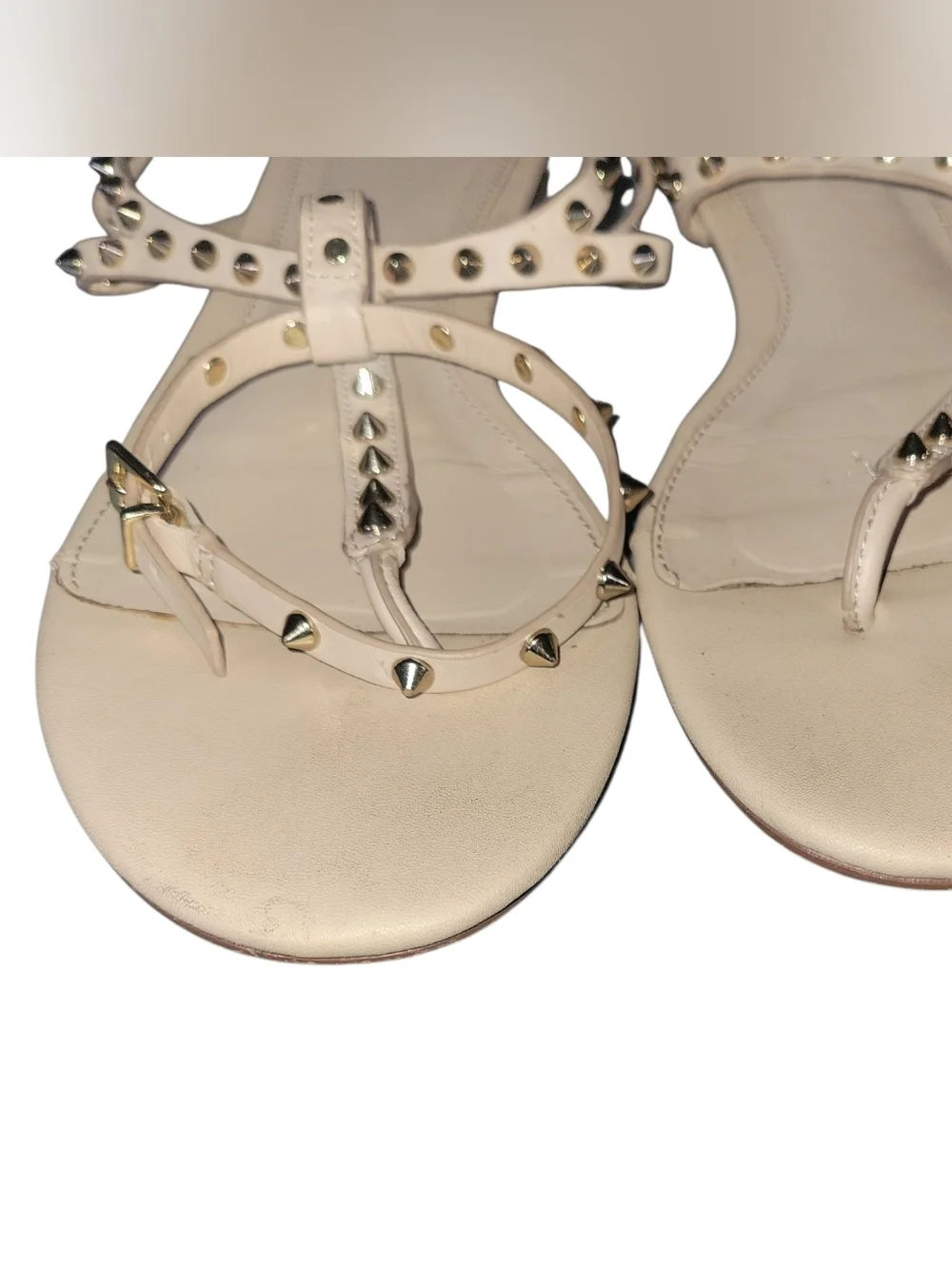 Zara Leather Women's Studded T-Strap Ankle Strap Thong Style Cream Sandals Sz 39 - Picture 4 of 8